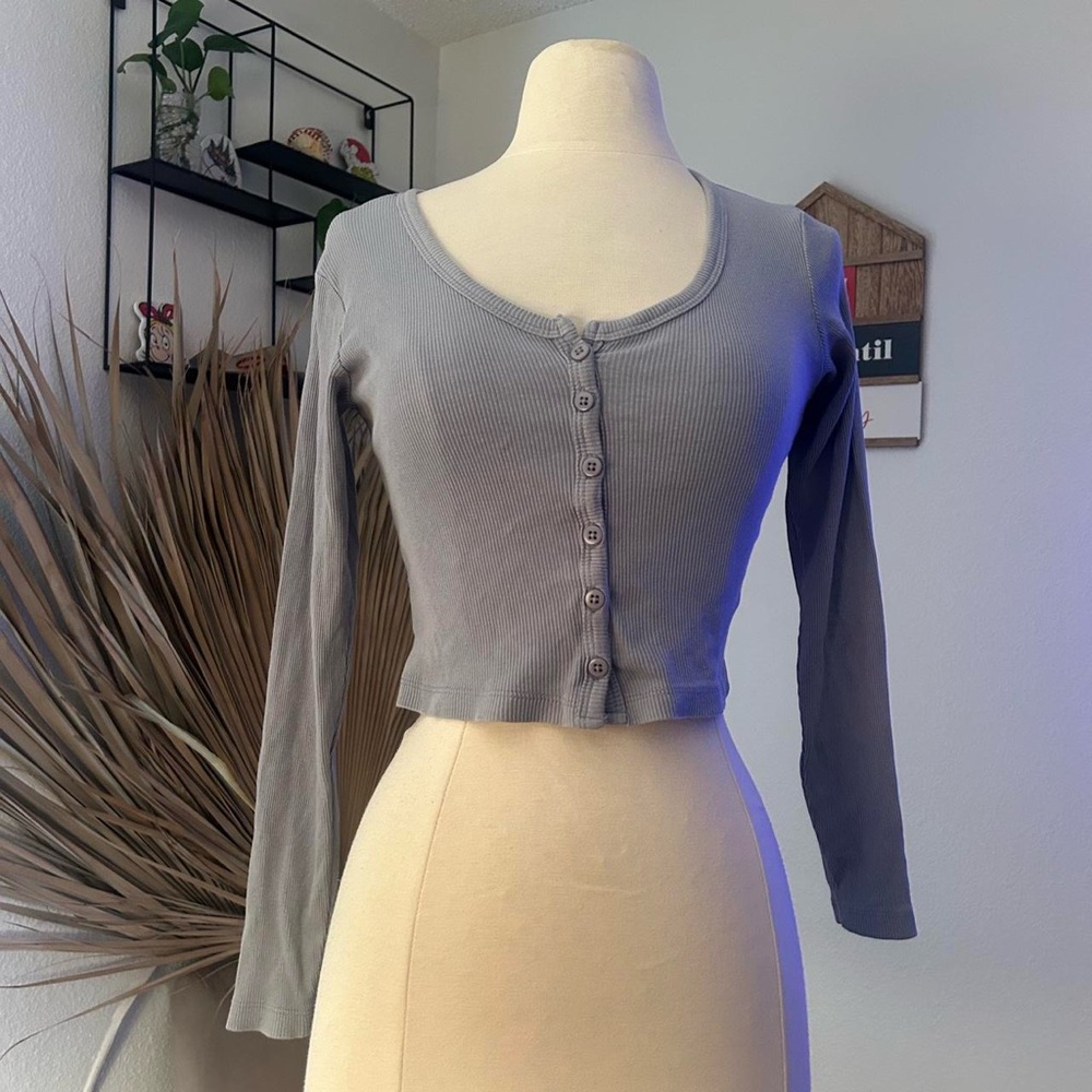 Gray Ribbed Button-Up Women's Top